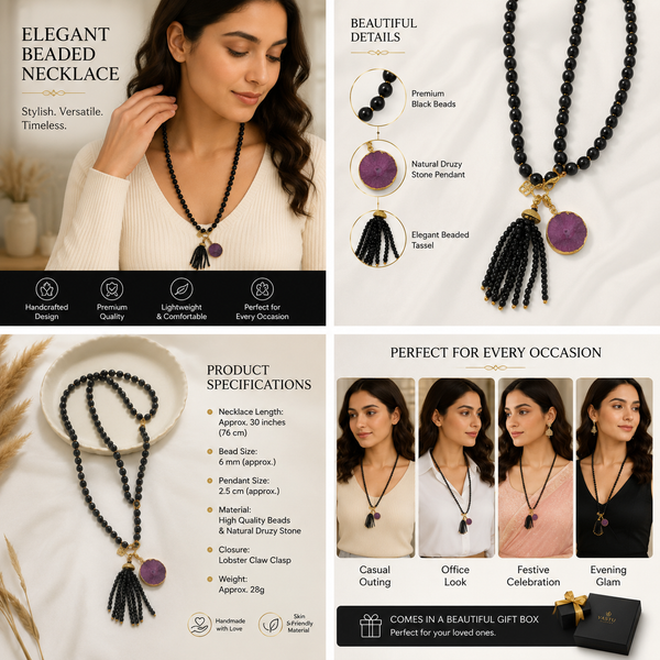 Designer Handmade Beaded Tassel Necklace | Long Black Beads with Purple Gemstone Pendant