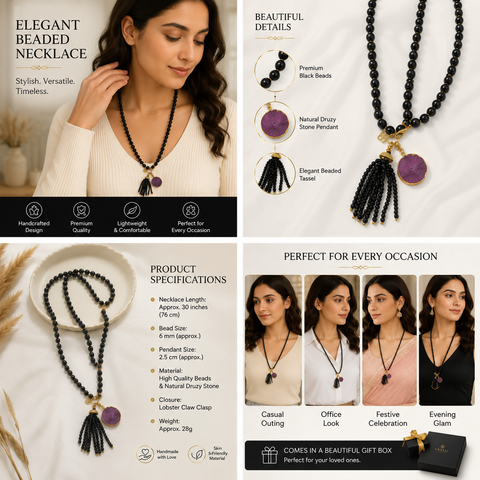 Designer Handmade Beaded Tassel Necklace | Long Black Beads with Purple Gemstone Pendant