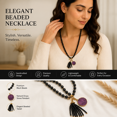 Designer Handmade Beaded Tassel Necklace | Long Black Beads with Purple Gemstone Pendant