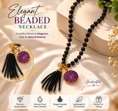 Designer Handmade Beaded Tassel Necklace | Long Black Beads with Purple Gemstone Pendant