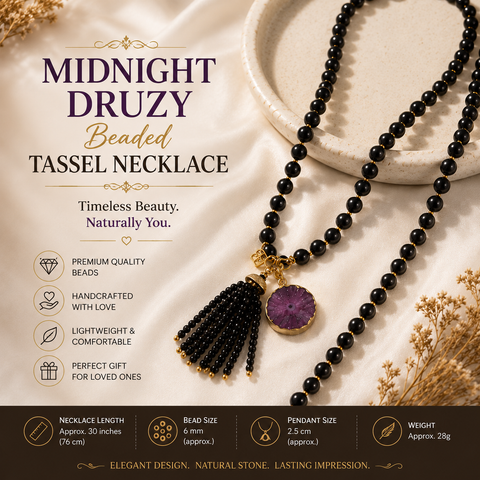 Designer Handmade Beaded Tassel Necklace | Long Black Beads with Purple Gemstone Pendant